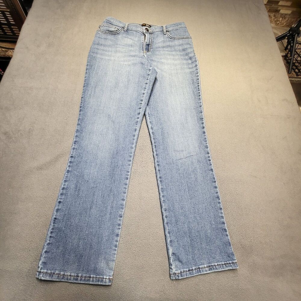 Lee Jeans Womens 10? Blue Straight Leg Relaxed Fit Distressed Stretch Denim